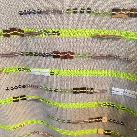 COLDWATER CREEK SWEATER. GREY/STRIPED LIME GREEN SEQUINED/BEADS. 1X ($80) - Picture 6 of 6
